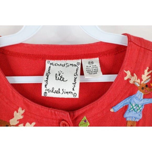 Vintage 90s Michael Simon Lite M Petite Christmas Reindeer Cardigan Sweater - Picture 4 of 9
